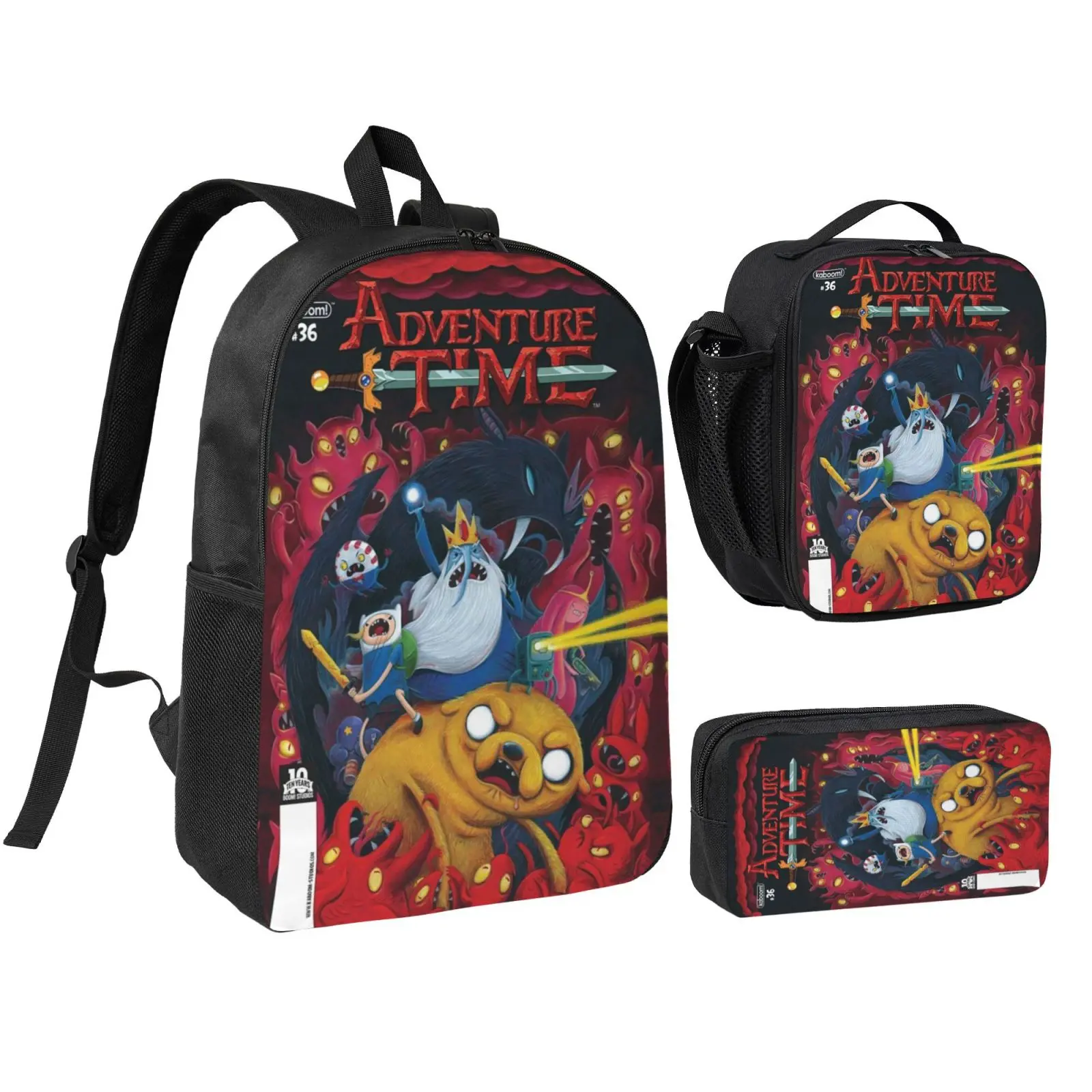 Kids' 3-Piece Adventure Time Backpack Set - Nylon School Bags, Water-Resistant Daypack with Vibrant Adventure Time Prints for Daily Use