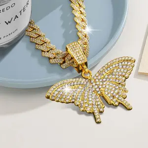 Sparkling Cubic Zirconia Butterfly Pendant Necklace Layered Chain Design Gold and Silver Plated Options Trendy Unisex Jewelry Perfect Gift Idea
