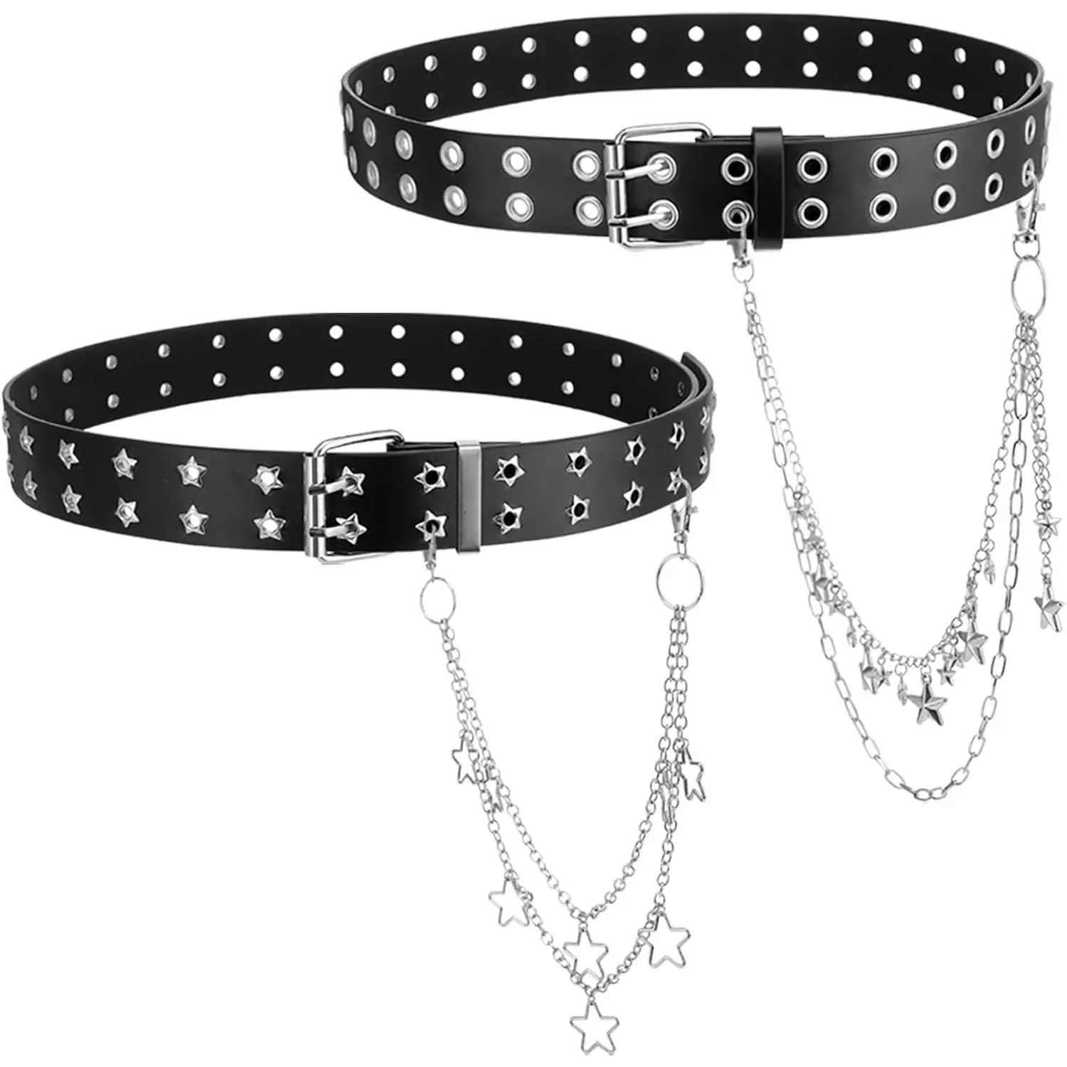 2 Pcs Studded Belts Y2K Star Belt Double Grommet Belt with Chain Punk Goth Dual Grommet Rock Belts for Women Men