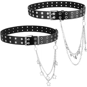 2 Pcs Studded Belts Y2K Star Belt Double Grommet Belt with Chain Punk Goth Dual Grommet Rock Belts for Women Men