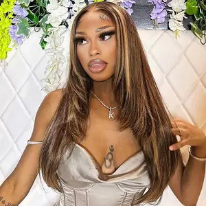 [Exclusive Deal] OQ HAIR Brown Balayage Highlight Color 7x5 Pre Cut Lace Wear And Go Glueless Wigs Layered Cut Straight Lace Front Human Hair Wigs