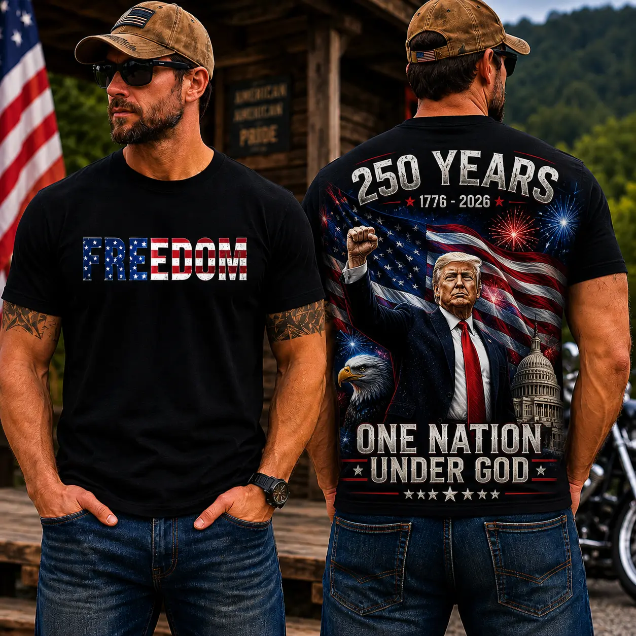 Vintage Freedom 250 Years Shirt – One Nation Under God - Patriotic American Flag Trump Fireworks Graphic Tee, USA 1776-2026 Independence Day Cotton T-Shirt for Men