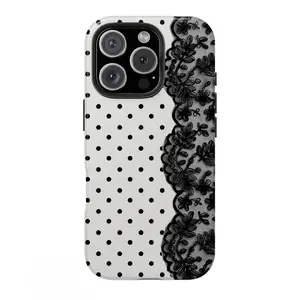 Black Polka Dot & Lace Print Phone Case Dainty Black Polka Dots Paired With Ornate Floral Lace Trim Compatible with Durable Hard Acrylic Back Case With A Reinforced Frame Compatible with iPhone 17 Pro Max Phone Case 17 Air 16E 16 15 Plus 14 13 Samsung Gal
