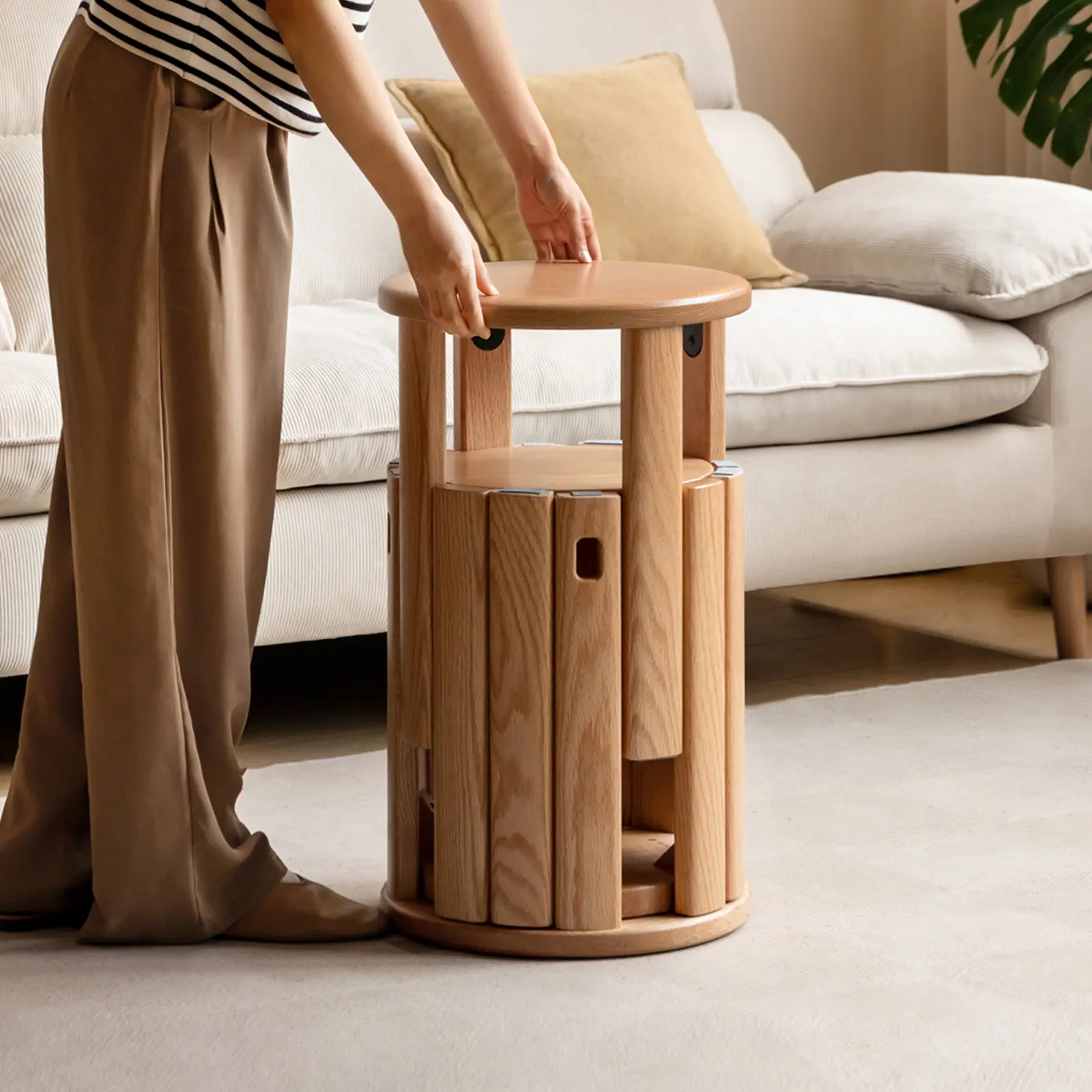 YESWOOD 100% Solid Wood Stackable Stools Set of 4, Assembled Oak Dining Ottoman Side Nesting Tables with Bold Legs with Handle, Stacking End Table Vanity Stools for Kitchen,Living Room, Bedroom