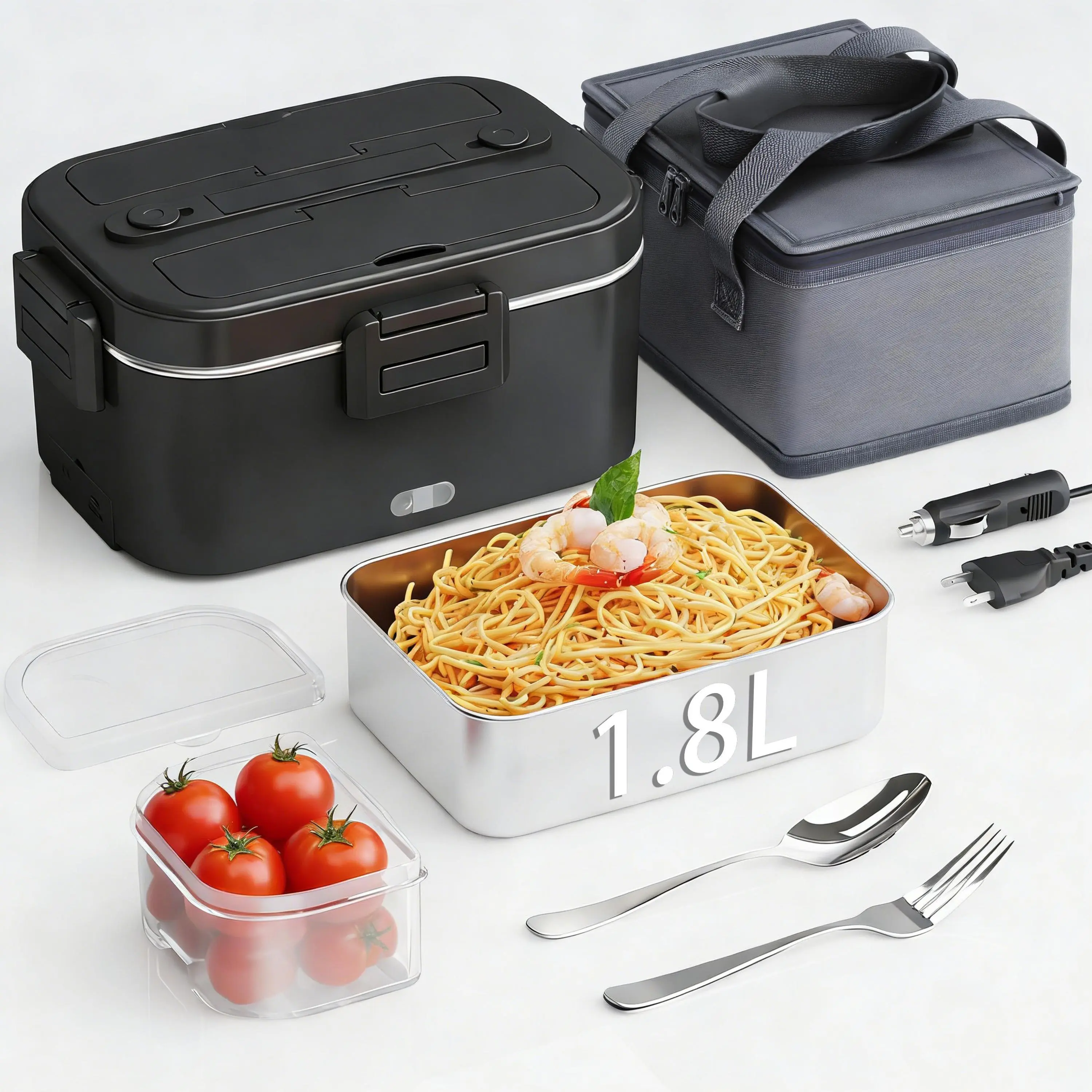 Nifogo Portable Heated Lunch Box - 1000-2000ml Leakproof Multi-Voltage Electric Thermal Container, 110V/12V/24V for Car/Home Use, W/ Plain Tableware & Carry Bag for On-the-Go Meals