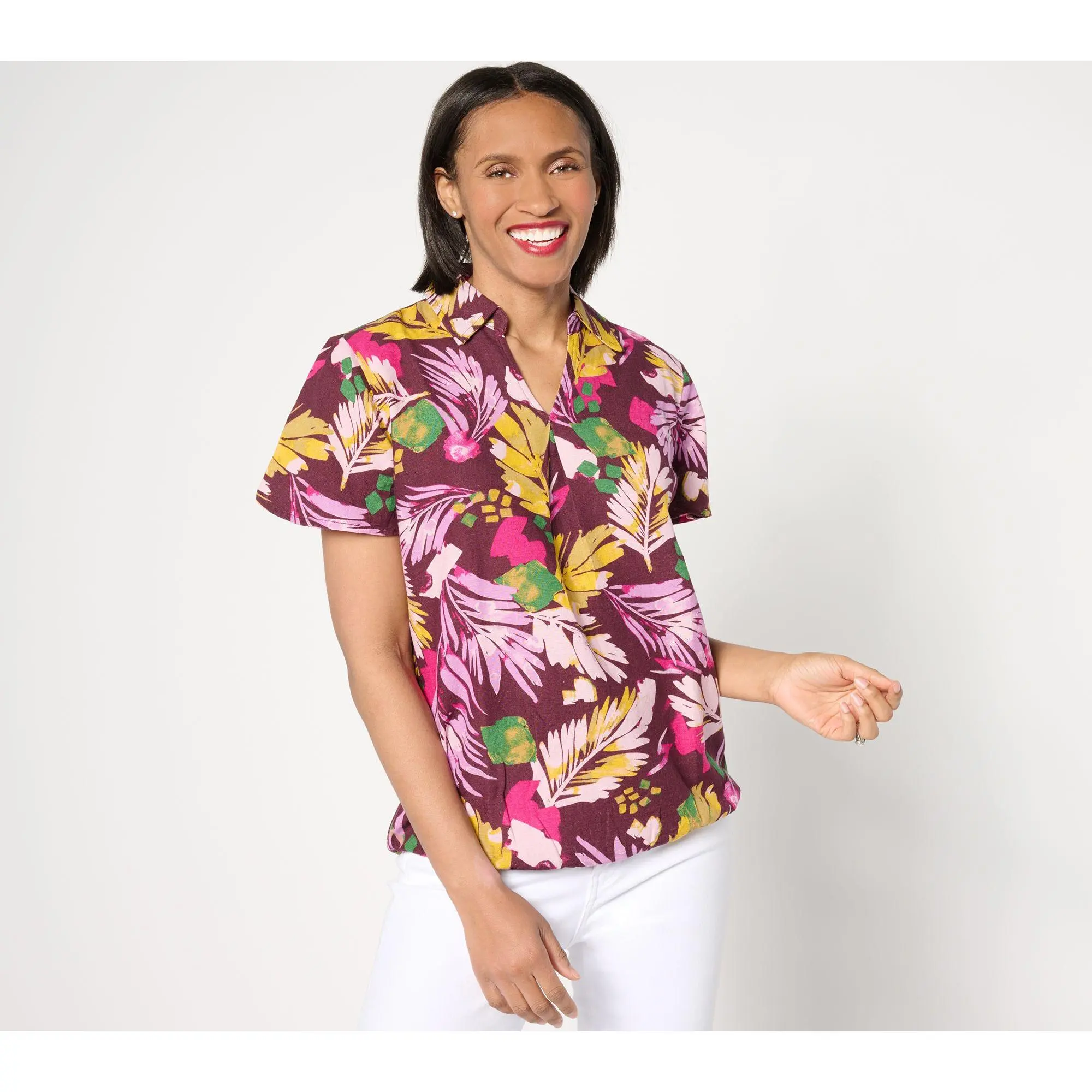 Denim & Co. Tropical Palm Printed Dolman Short Sleeve Collared Top