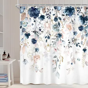 Blue Floral Flower Shower Curtain, Cute Navy Flower Shower Curtain, Pastel Watercolor Plant Eucalyptus Leaf Botanical Rustic Country Bath Bathtub Set Accessories Home Decor