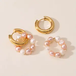 Sienna Blush & Ivory Real Pearl Drops with Gold Stainless Steel Hoops