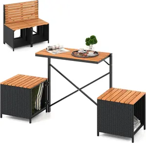 COSTWAY 2-in-1 Outdoor Convertible Bench, Transforming Interchangeable Picnic Table Garden Loveseat with Metal Frame, PE Rattan Acacia Wood Foldable Table and Chairs Set for Porch, Backyard & Deck