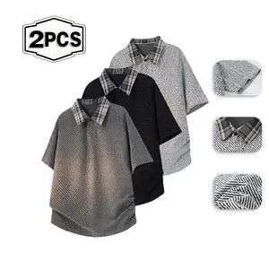 2026 men's summer short sleeved plaid collar design with texture, trendy and versatile casual top