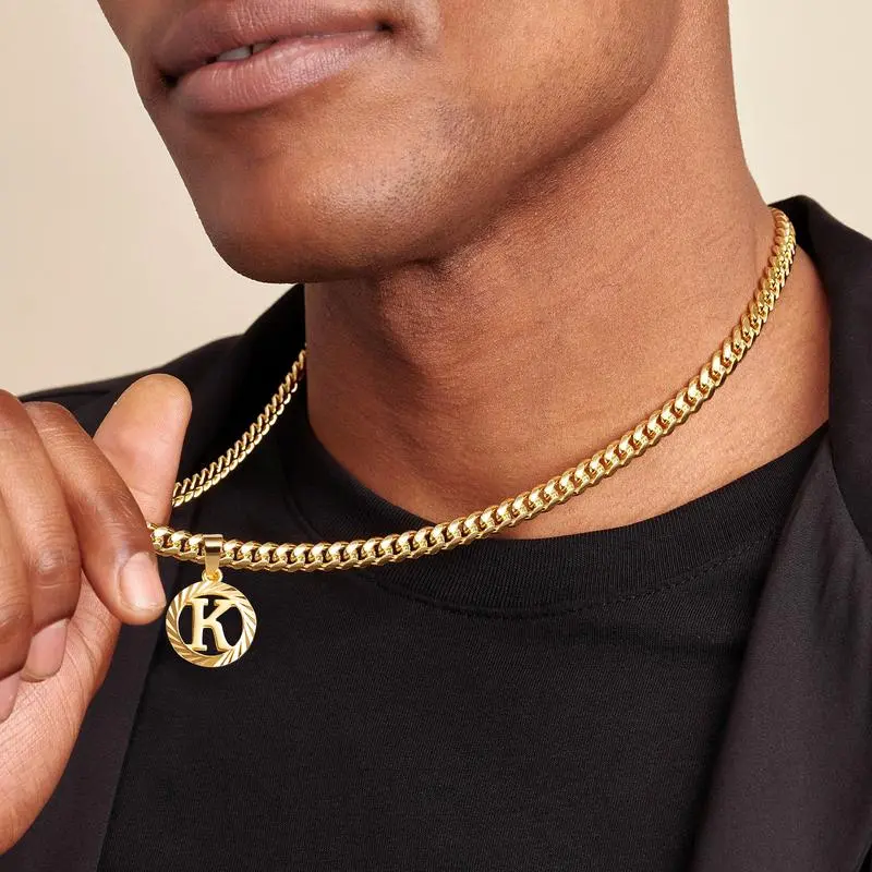 Gold Initial Necklace,14K Gold Plated Round Letter Pendant Hollow Capital Monogram 5mm Cuban Chain Necklace Alhpabets from A-Z Dainty Jewelry for Women Men