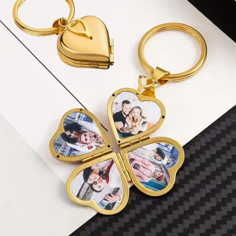Gold Heart Clover Folding Photo Keychain Locket for Women Couples Moms Cute Purse Charm Bag Accessory Personalized Picture Holder Memory Keepsake Gift for Birthday Anniversary Valentine’s Day Friendship Gift Trendy Viral Keychain
