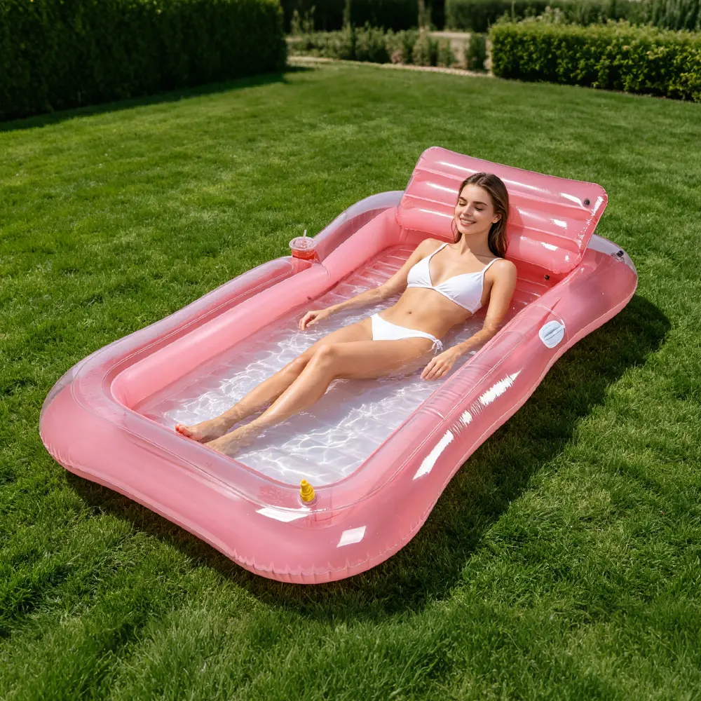 Pink Inflatable Tanning Pool Lounger Float, 190×115cm PVC Sun Raft with Spray Function, UV-Resistant, Detachable Pillow, Cup Holder, Quick Drain Valve, Portable for Backyard Garden Swimming Pool