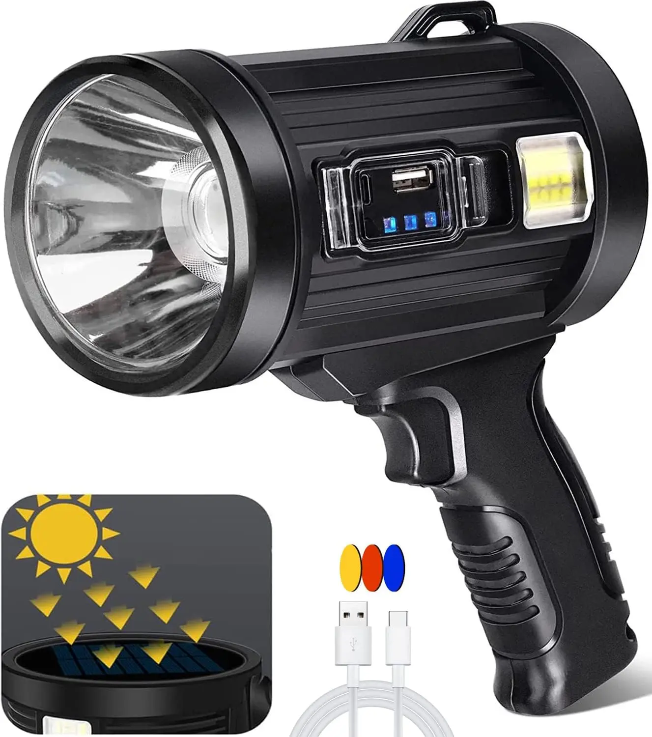 High Power LED Rechargeable Flashlight (100000 Lumens) – 6 Modes, Tripod, Color Filters, Solar-Powered, Flash Spotlights, Led Worklight, Portable Outdoor for Hunting, Camping, High Power Spotlights