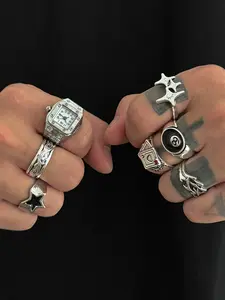 Punk Style Watch Element Multi-Shape Ring Set, Stackable Finger Rings, Star Carving Poker Card Design, 7 Piece Punk Jewelry Series, Unique Punk Wind Accessory, Statement Multi Ring, Stacking Ring Set