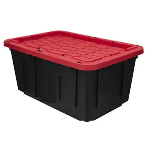 27-Gallon Large Plastic Storage Bin with Snap-On Lid – Black & Red, Heavy Duty