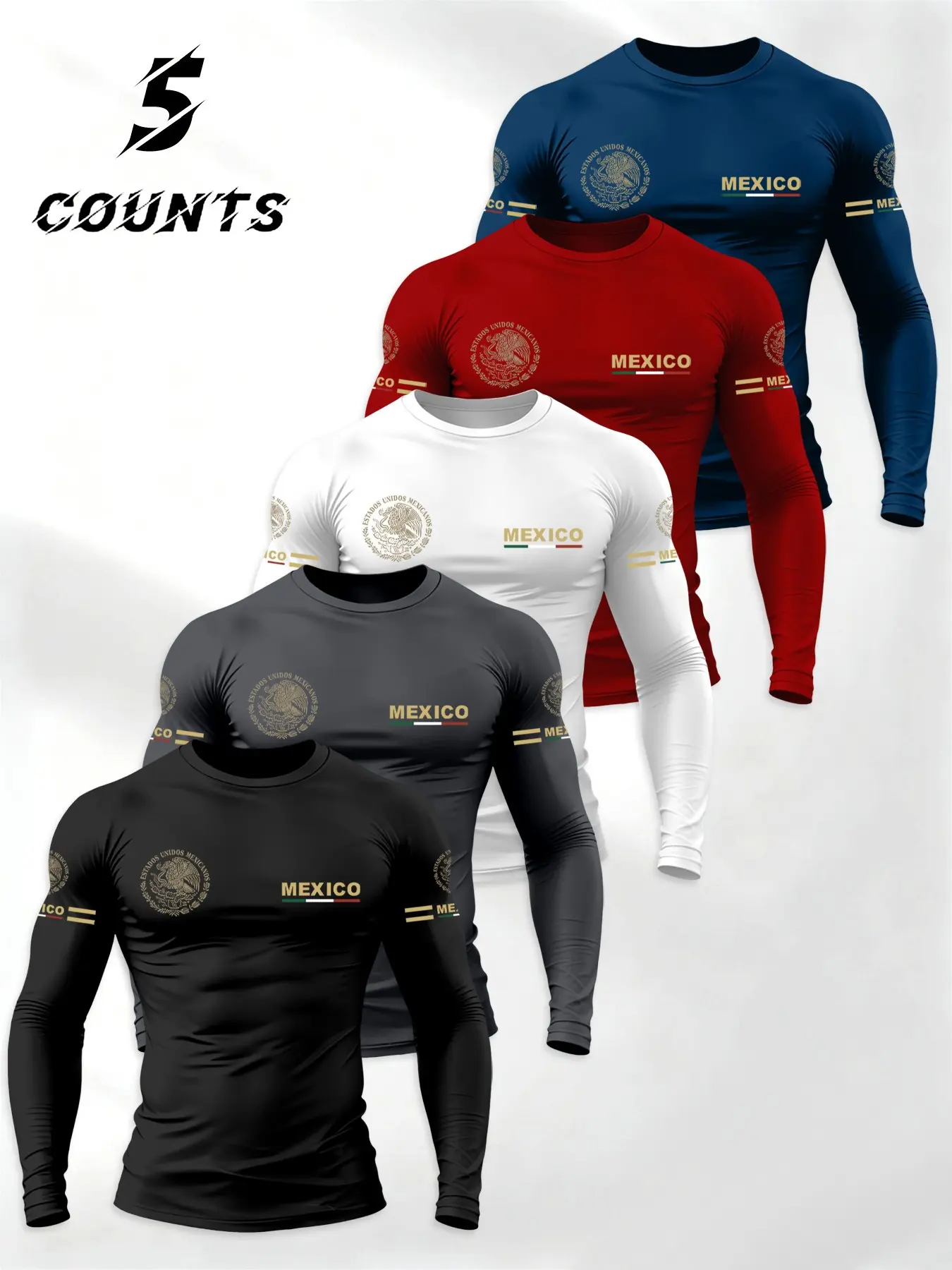 Men's Street Style Mexican Culture Emblem Print Long Sleeve T-Shirt 5 Pack, Athletic Sports Clothing, Athletic Apparel, Casual Sportswear, Casual Sporty Fitness Fit, Perfect Gift for Daily Wear