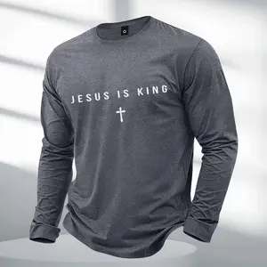Men’s 2026 Fashion Long-Sleeve T-Shirt — Trendy American street style with a Jesus letter print; suitable for all seasons and ideal for outdoor sports and activewear. A stylish long-sleeve tee—boyfriend gift favorite.