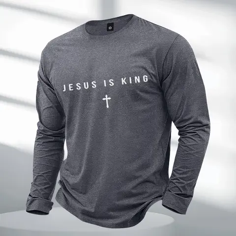 Men's Fitted Crew Neck Long-Sleeve T-Shirt - 2026 Fashion Christian Top with Jesus Letter Print, All-Season Outdoor Sports Wear, Ideal Boyfriend Gift