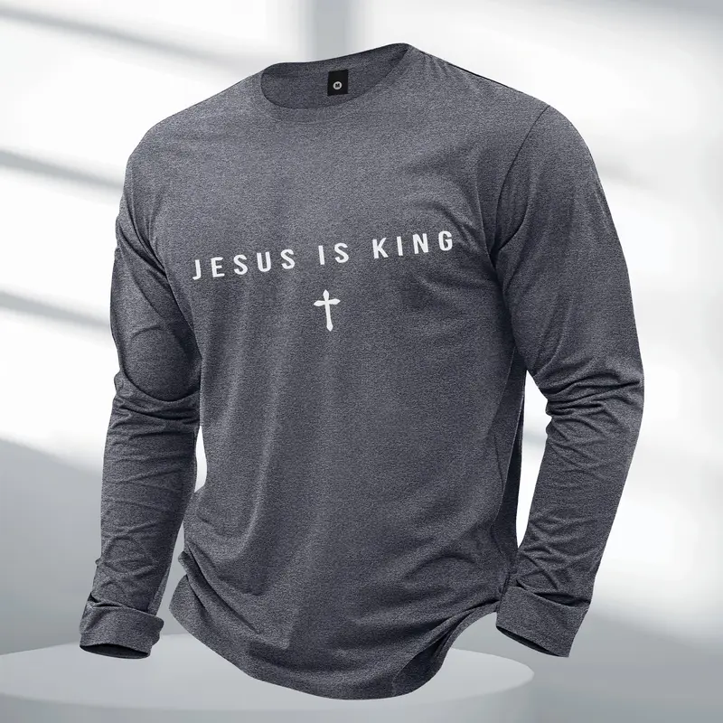 Men's Fitted Crew Neck Long-Sleeve T-Shirt - 2026 Fashion Christian Top with Jesus Letter Print, All-Season Outdoor Sports Wear, Ideal Boyfriend Gift