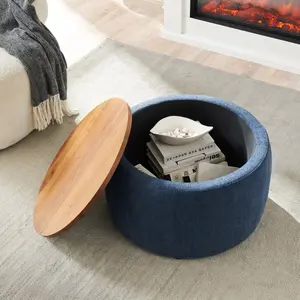 Circle Ottoman Coffee Table with Wooden Lid Tray Linen Upholstered Multi-Purpose Storage Ottoman Footrest