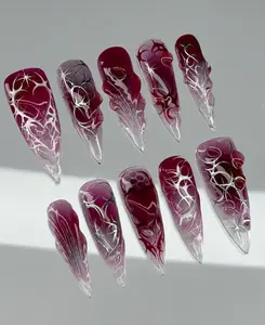 Gothic Wine Chrome Nails – Deep Red Ombre 3D Press Ons with Silver Swirls, Starbursts & Glassy Tips for a Mysterious Elegant Look