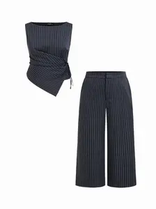 Cider Boat Neck Striped Wrap Knotted Top & Mid Rise Wide Leg Trousers Set Curve & Plus