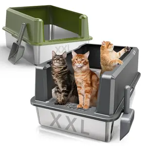WoofiGo Stainless Steel Litter Box Combo XXL & XL Sizes for Large Cats Easy Clean Prevents Urine Leakage Odor-Free with Cleaning Scoop