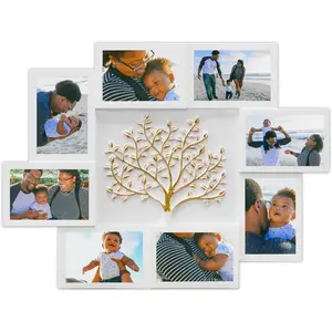 8 Opening Collage Picture Frames for Wall Decor, 4x6 Photo Frame with Tree Decor, Family Tree Collage Picture Frame for Wall, White & Gold