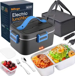 Nifogo Electric Lunch Box 80W Portable Food Warmer for Adults 1.5&1.8L Stainless Steel Containers with Forks Spoons & Bags for Car Truck Work Outdoor Use