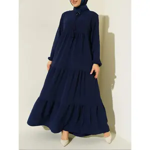 Elegant Muslim women’s long-sleeved dress, solid color, ruffled edges, suitable for both casual and formal occasions, spring and summer fashion, plain Muslim attire GARMENTARY