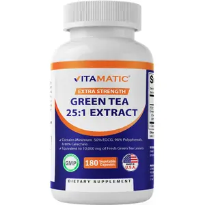 Vitamatic Green Tea Extract with Vitamin C, 25X Concentrate, 98% Polyphenols, 80% Catechins, 50% EGCG, 180 Veg Capsules