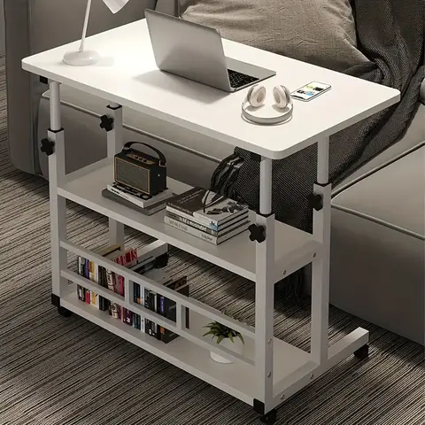 Foldable Adjustable Laptop Desk - 3-Tier Metal Frame, Expandable Desktop, Wheeled Storage Rack, Portable Computer Desk for Home Office Study Workstation