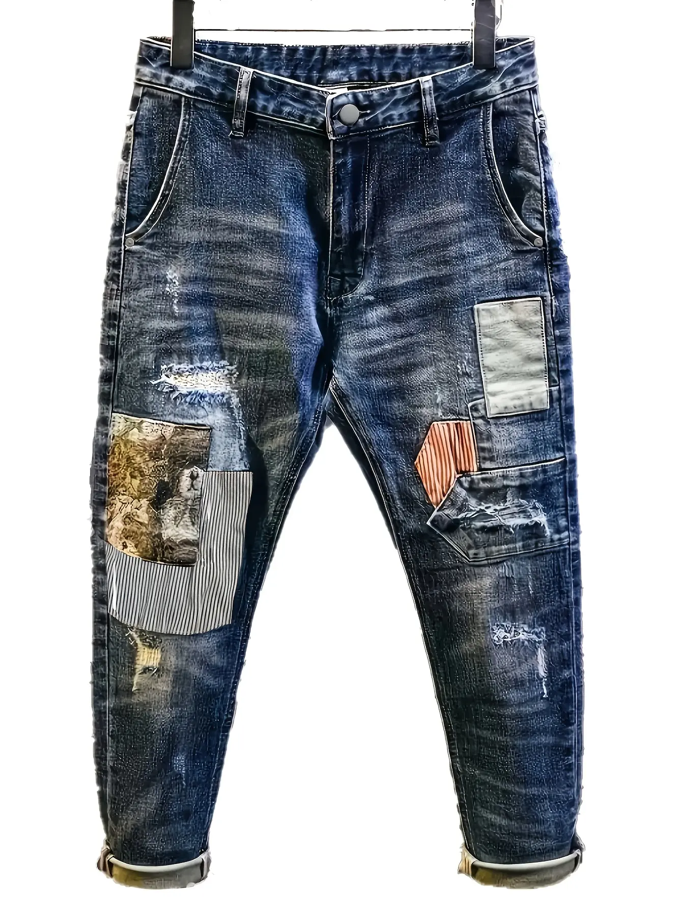 Men's Vintage Patchwork Ripped Denim Jeans, Cotton Spandex Blend Dark Wash Stretch Straight Fit Jeans, Retro Workwear Casual Daily Streetwear Trousers