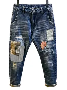 Men's Vintage Patchwork Ripped Denim Jeans, Cotton Spandex Blend Dark Wash Stretch Straight Fit Jeans, Retro Workwear Casual Daily Streetwear Trousers