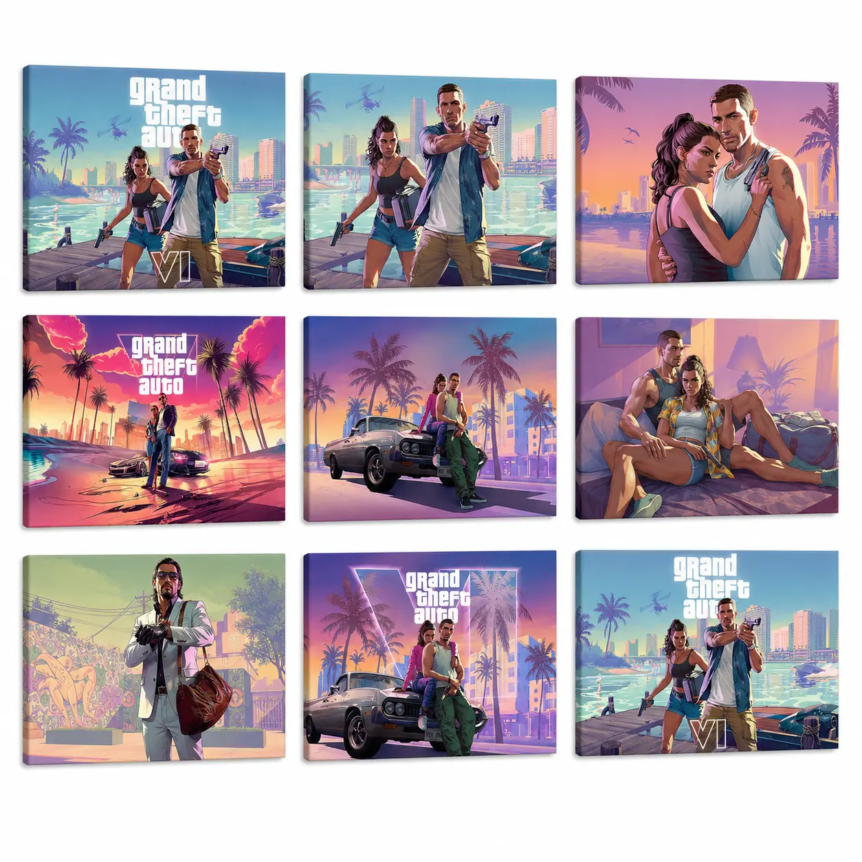 GTA 6 Inspired Canvas Poster Set - Neon City Gaming Wall Art Prints, Tropical Street Gamer Aesthetic Decor for Bedroom, Man Cave Decor, Home & Office Supplies, Concept Art, Cyberpunk