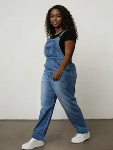 Plus Size Women's Blue Denim Bib Pants, Loose Fit Fashion Overalls, Casual Fashion Jumpsuit, All Seasons Wearable, Casual for Dating and Daily Use