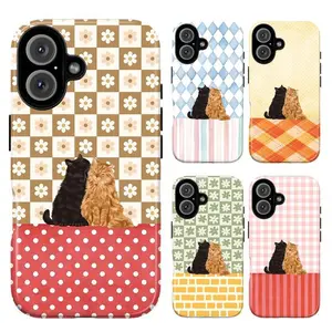 Cute Cat Couple Patchwork Phone Case – Cozy Plaid & Floral Checkered Aesthetic | Tough Dual-Layer Durable Protective Cover | Perfect Gift | Compatible With iPhone 11–17