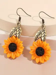 Sunflower Design Drop Earrings, Leaf Design Dangle Earrings, Ear Hook Design, Fashion Jewelry for Party, Daily Clothing Decor, Trendy All-match & Exquisite Jewelry for Birthday Gift