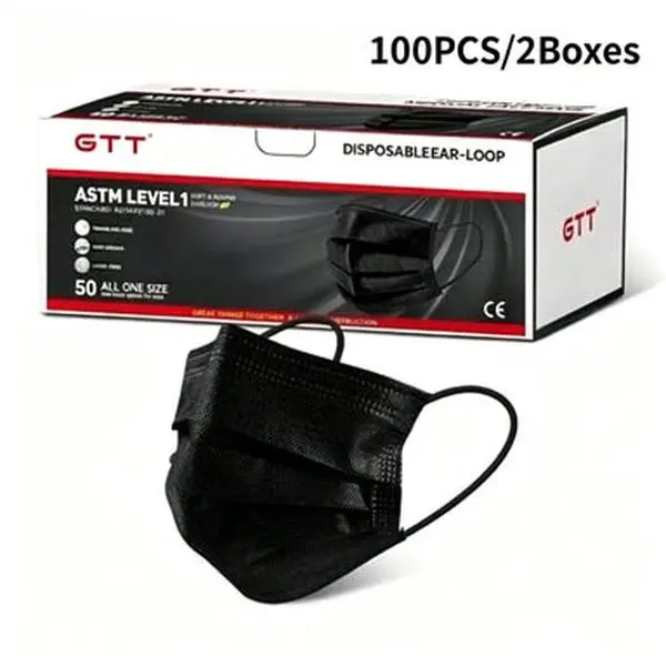 GTT Black ASTM Level 1 Non-Woven Latex-Free 3-Layer Hypoallergenic Disposable Ear Loop Face Masks, 100 PCS (2 Boxes x 50 PCS), Breathable Dust Covers for Adults in Daily Low-Risk Scenarios, Three Layers, Fume Free