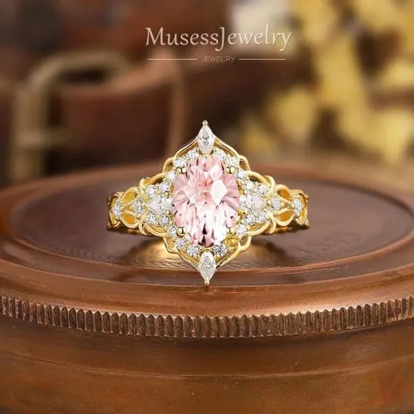 Oval Morganite Engagement Ring, Leaf-Inspired Halo Cluster Design