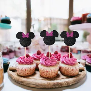 36 Pack Mouse Inspired Cupcake Toppers with Bow Purple Glitter Mini Mouse Cupcake Picks Decorations for Baby Shower Wedding Kids Birthday Party Supplies
