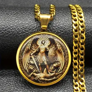 [Golden Angel Pendant Necklace] Stainless Steel Golden Unisex Saint Michael the Archangel Pendant Necklace, Best for Christmas
