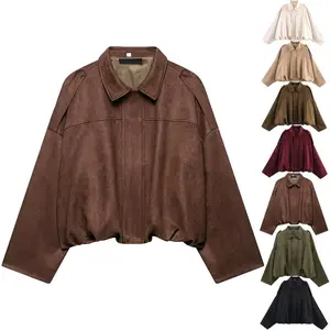 Women's Faux Suede Bomber Jacket Fall Winter Lapel Pilot Coat Casual Oversized Long Sleeves Zip Up Trendy Streetwear Outerwear Soft Luxe Look Classic Trendy Twist