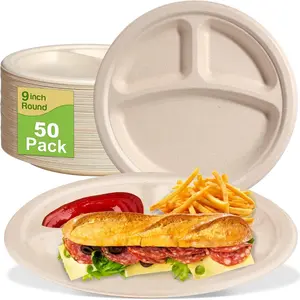 9 Inch Compartment Paper Plates, 50 Pack 3 Compartment Disposable Plates, Compostable Plates with Dividers, Heavy Duty Plates for Event, Brown