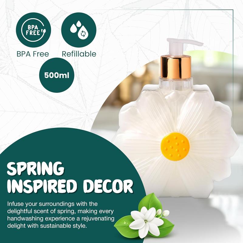 Simple Pleasures White Daisy Soap Dispenser - Cute Hand and Dish Soap Dispenser with Daisy Design, Refillable, 500ml Plastic, Press - Decorative, Pump