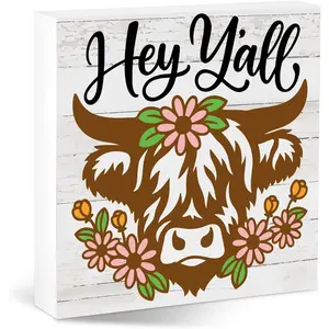 Hey Y'all Funny Highland Cow Desk Sign Wooden Table Decor Rustic Farmhouse Design for Office Home Workspace Farmhouse Cubicle Humorous Gift for Cow Lovers Friends Bedroom Living Room Tabletop Decoration 5x5 inch