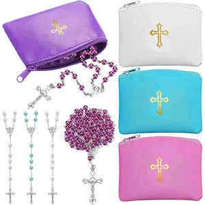 8 Pcs Rosary Pouch with Catholic Rosary Beads Necklace Set for Women Leather Holder with Zipper Gold Cross Imprint Portable Religious Bag for Travel Christmas
