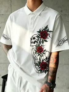 Men's Gothic-style White Rose, Floral, Skeleton Printed Polo Shirt, American retro Y2K streetwear short-sleeved top, European and American niche sweet-cool style, suitable for everyday casual wear, dates, street style, summer