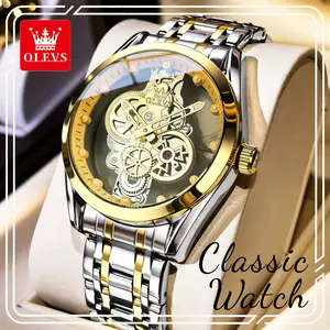 OLEVS 3725 Men’s Two-Tone Gold & Silver Skeleton Watch, Hollow Mechanical-Style Quartz with Waterproof, Luxury Dress Watch